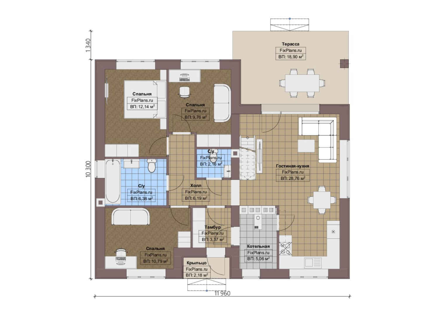 Планировка 1-го этажа, Проект одноэтажного дома F-1097