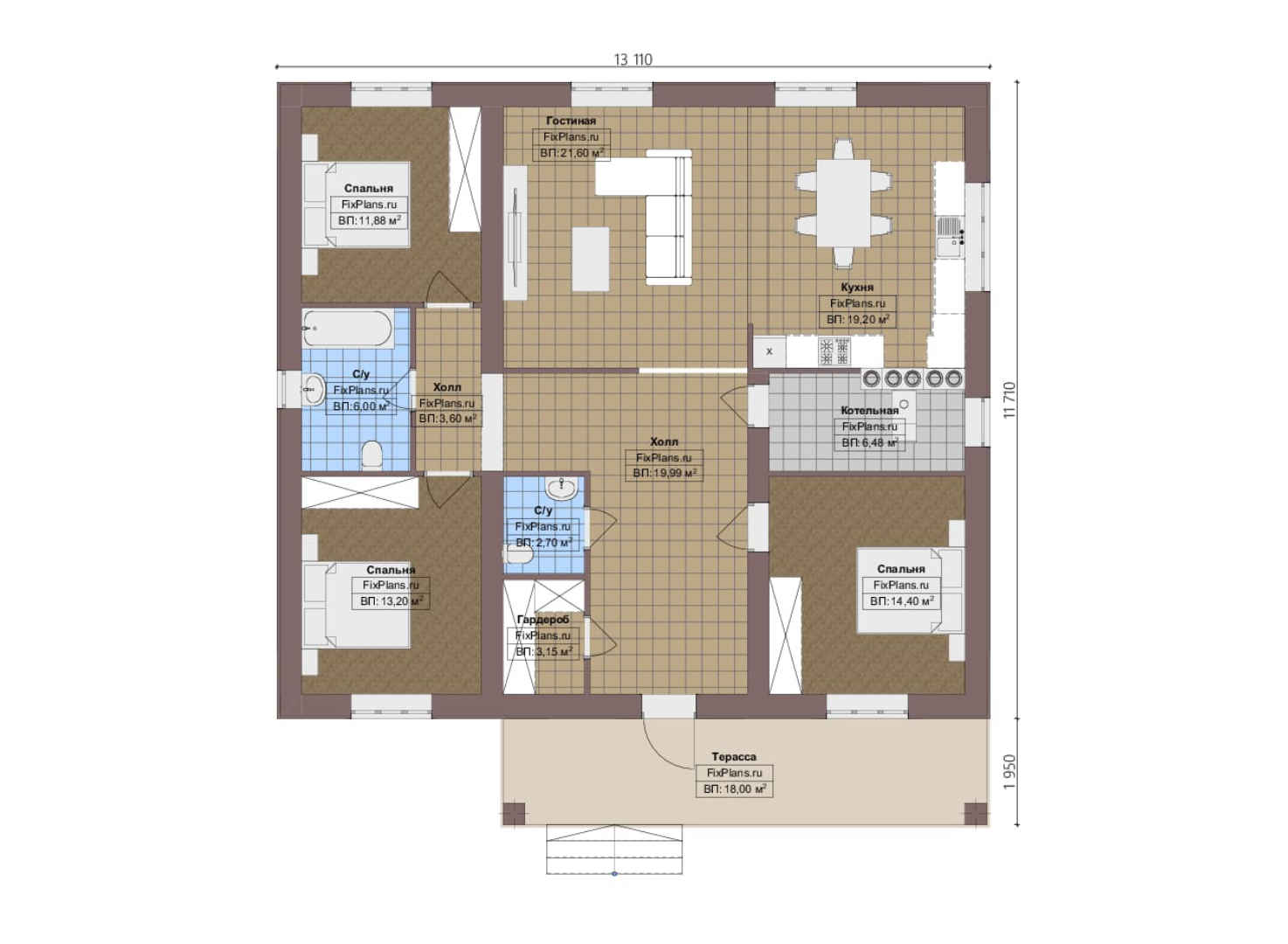 Планировка 1-го этажа, Проект одноэтажного дома F-4319