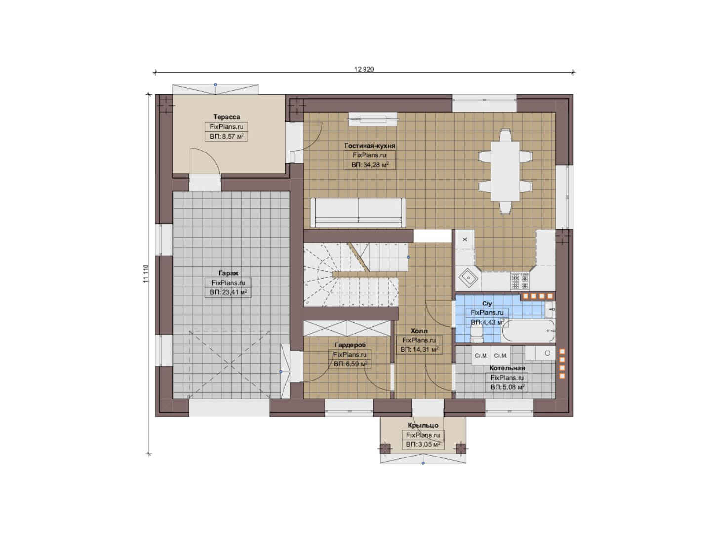Планировка 1-го этажа, Проект дома с мансардой F-12149