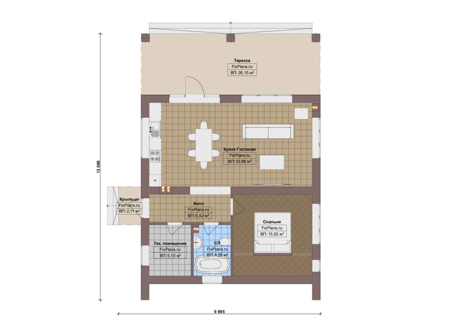 Планировка 1-го этажа, Проект одноэтажного дома F-18044