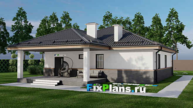 Проект одноэтажного дома F-3617 — вид со двора