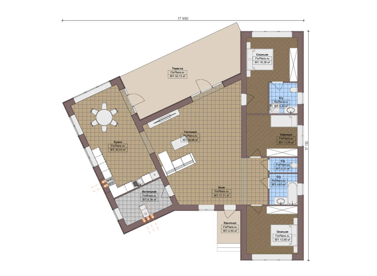 Планировка 1-го этажа, Проект одноэтажного дома F-4211